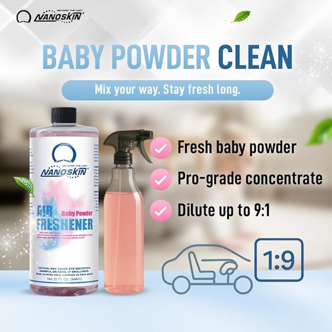 Nanoskin Concentrated Air Freshener – BABY POWDER - Emits Fragrant Scent with Odor Eliminator into The Air to Freshen Interior | Adjustable Dilution up to 9:1 | For Automotive, Home, Office & More