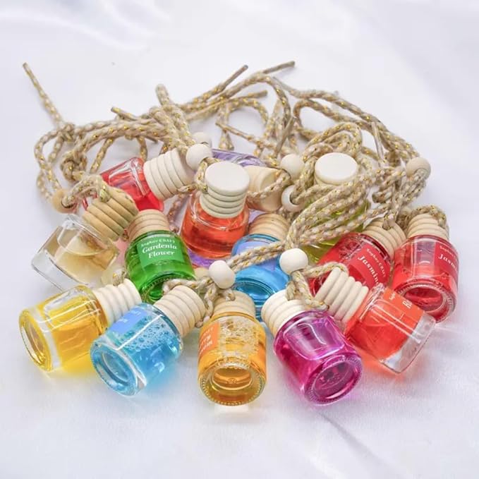 Air Diffuser Essential Oil Set | 12 Natural Scents Like Jasmine, Ocean, Sandalwood | Long Lasting Car Air Freshener for Women & Men | Hanging Glass Bottles, Air Freshener for Travel (8 ML Per Bottle)