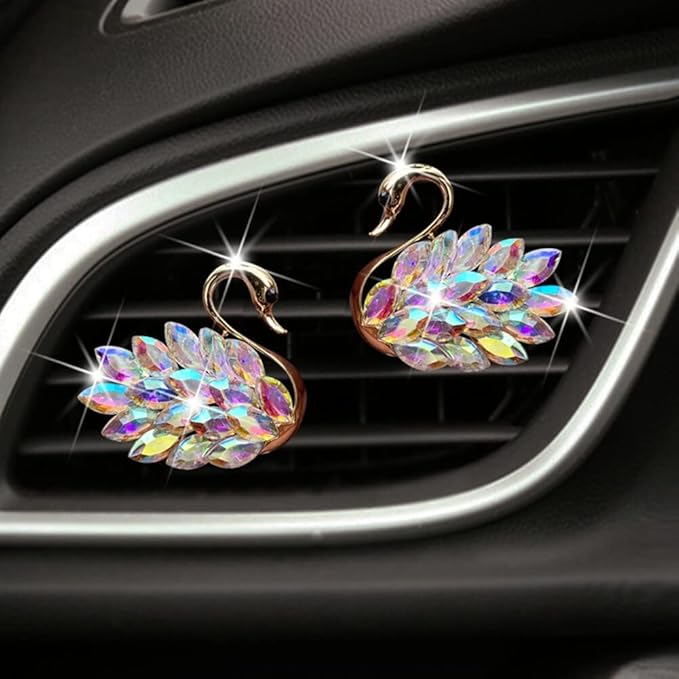 Katutude 2 Pcs Crystal Swan Car Air Vent Clips with Fragrance Tablets, Car Diffuser Air Freshener Vent Clips Air Conditioner Outlet Clip Charm Bling Car Interior Decoration, Colorful