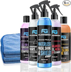 Grand Slam 5-Pack - Waterless Car Wash Detailing Spray, Tire Shine Gel, Scratch Remover, Wheel Metal Rust Cleaner, Interior Cleaner & Protector, 2 Microfiber Towels