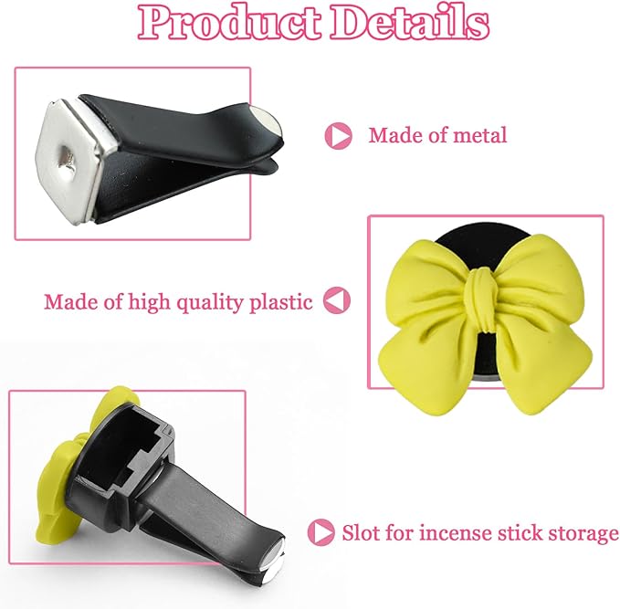 Wuyaoyao 6PCS Bow Car Air Freshener Clips, Cute Bow Car Air Vent Clip, Coquette Auto Air Conditioning Outlet Diffuser Perfume Clips, Interior Decoration, Auto Decor for Women Girls (Yellow, 6PCS)