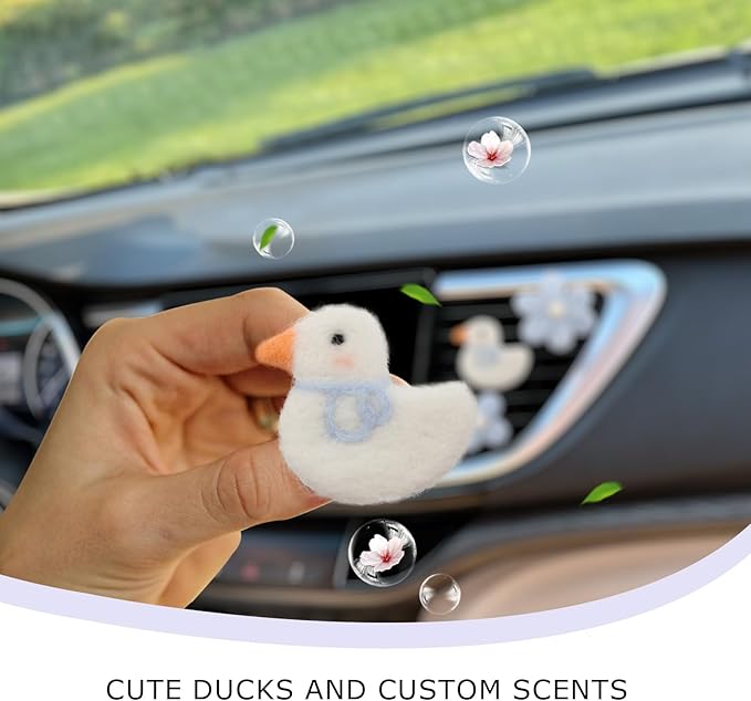 Cute Car Accessories,Duck Flower Air Vent Clips,Handmade Wool Felt Aroma Diffuser,Refillable Girly Car Air Freshener,3pcs White Blue Car Decor