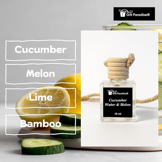 Gift Paradise® Cucumber Water & Melon Hanging Car Air Freshener Set of 3 (10 ml Each) – Long-Lasting Fragrance Oil Diffuser for Car, Home & Office | Velvet Gift Bag Included | Holiday Gift Set