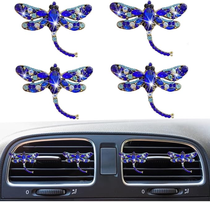 4Pcs Bling Rhinestone Crystal Dragonfly Air Freshener Vent Clips,Cute Car Air Fresheners Vent Clips Accessories,Refillable Car Diffuser, Glamorous Auto Decor (Blue)