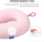 Fabuday Memory Foam Neck Pillows for Travel - Airplane Pillows for Sleeping with Attachable Snap Strap Soft Washable Cover, Flight Pillow for Traveling, Car, Office, Provide Head Neck Support Pink