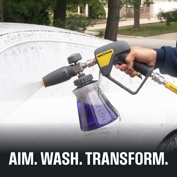 Active Foam Cannon with ¼ inch quick connector for Electric and Gas Pressure Washers. Wide-mouth bottle and variable spray to generate thick snow foam spraying for home DIY car wash & detailing.