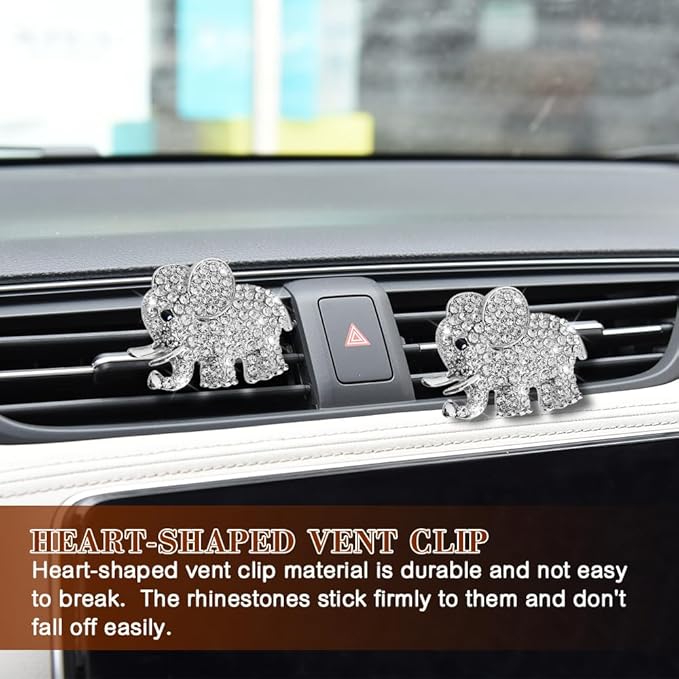 2PCS Elephant-Shaped Car Vent Clip with Rhinestone, Car Vent Accessories, Elephant Design Auto Air Freshener Diffuser, Rhinestone Air Conditioner Outlet Clip for Women Girls (Silver, Elephant)