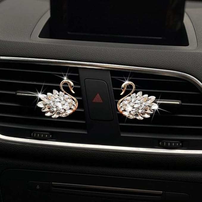 Katutude 2 Pcs Crystal Swan Car Air Vent Clips with Fragrance Tablets, Car Diffuser Air Freshener Vent Clips Air Conditioner Outlet Clip Charm Bling Car Interior Decoration, White