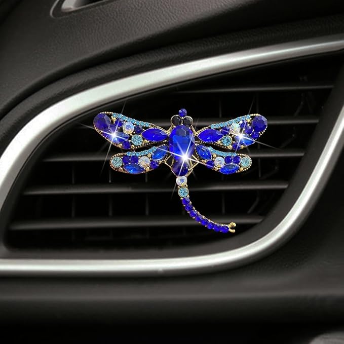4Pcs Bling Rhinestone Crystal Dragonfly Air Freshener Vent Clips,Cute Car Air Fresheners Vent Clips Accessories,Refillable Car Diffuser, Glamorous Auto Decor (Blue)