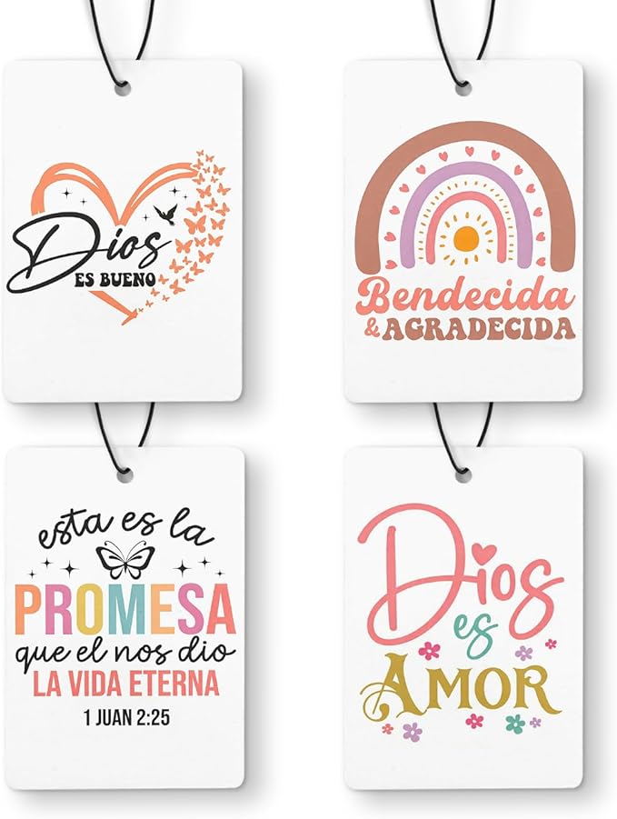 Inspirational Spanish Christian Car Air Freshener 4 Pcs, Encouragement Spanish Bible Verse Religious Hanging Air Freshener for Cars Closet Drawer Books, Christian Car Accessories for Women Kids