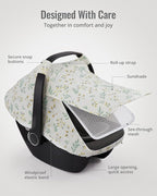 Blissful Diary Baby Car Seat Cover, Extra Large Mesh Window, Breathable Muslin Cotton, Infant Windproof Canopy, Must-Have Baby Gift - Botanical Leaf