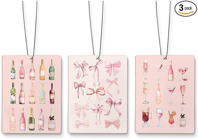 Cute Pink Air Freshener for Car,Cocktail Wine Champagne Air Freshener Hanging 3 Pcs for Closet Drawer Book Bathroom,Preppy Girly Car Mirror Decor Accessories for Women