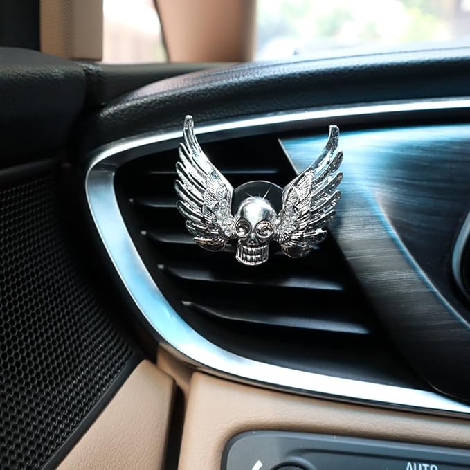 Goth Car Accessories,2pcs Bling Angel Wings Skull Car Air Fresheners Vent Clips,Silver Spooky Skeleton Decor for Teens,Horror Dashboard Decorations,Refillable Diffusers