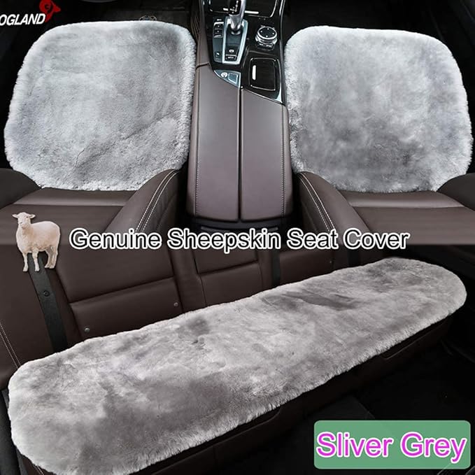 OGLAND 20 inchs Fluffy Shearling Sheepskin Car Seat Cover for Auto Interior Accessories with Soft Fuzzy Wool Eco-Friendly Natural Fur Non-Slip (Misty Gray, Front)