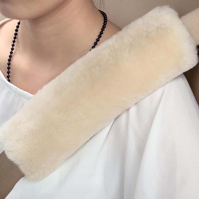 Soft & Cozy Australian Sheepskin Car Seat Belt Covers,2 Pack Fluffy Seatbelt Pads, Genunie Sheepskin Fur Shoulder Straps Cushions for Adults Kids Women and Men (Pearl)