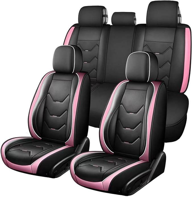 otoez Car Seat Covers Full Set, 5 Seat Pink Leather Seat Cover for Car, Waterproof Automotive Front and Back Seat Protectors for Most Sedens Trucks SUVs, Black & Pink