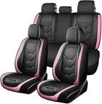 otoez Car Seat Covers Full Set, 5 Seat Pink Leather Seat Cover for Car, Waterproof Automotive Front and Back Seat Protectors for Most Sedens Trucks SUVs, Black & Pink