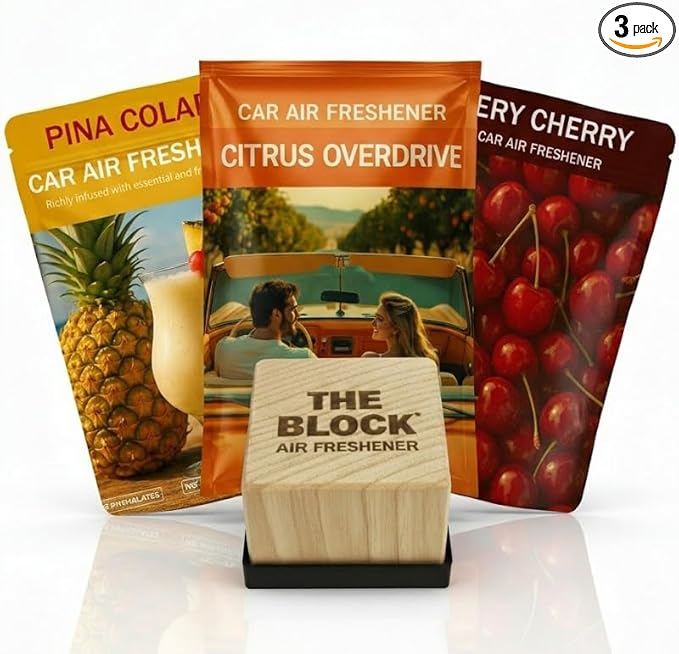 The Block - Wooden Car Air Freshener & Odor Eliminator - Long Lasting 30+ Day Scent - Car & Home Use - Fresh Gift Idea - Made in USA - Fruit Scents 3-Pack