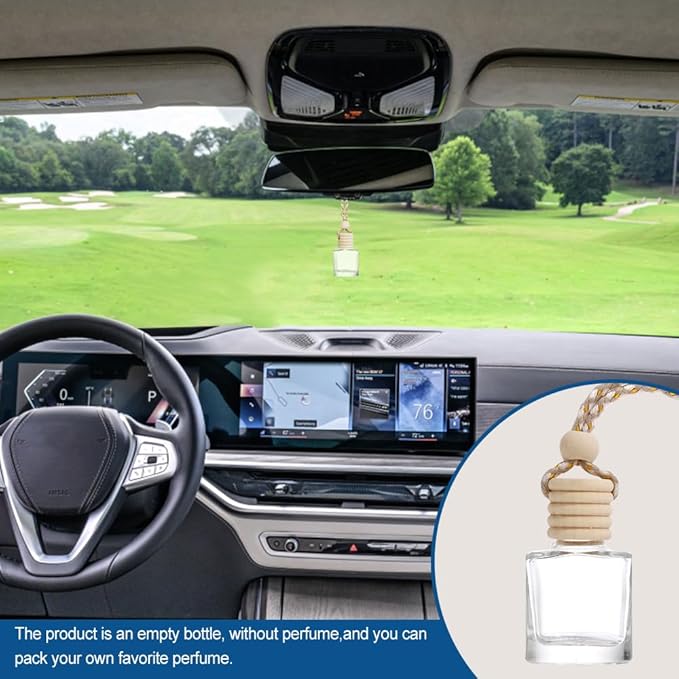 ASUBHA 20 PCS 8ml Hanging Car Air Freshener Diffuser,Empty Clear Glass Essential Diffuser Oil Aromatherapy Fragrance Perfume Pendant Glass Vials with Wooden Caps & Hanging String, Cylindrical
