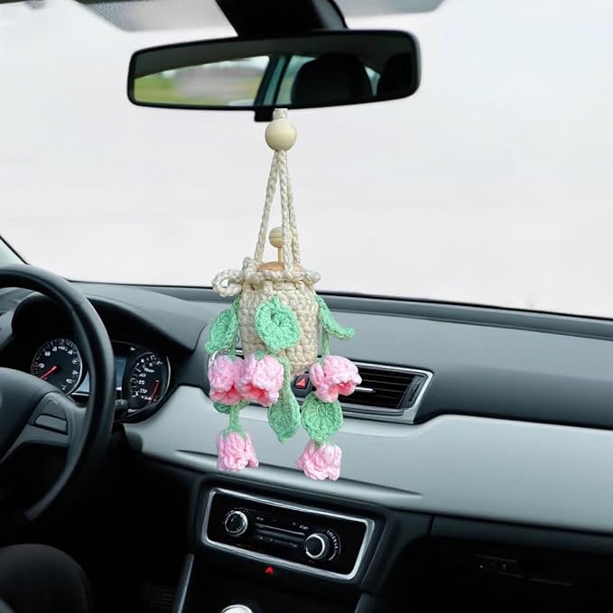 Handmade Crochet Hanging Essential Oil Diffuser Plant for Car Air Freshener | Cute Décor Knitted Succulent Fresheners for Refillable Scent Oils Holder Deffusers (Bellflower)