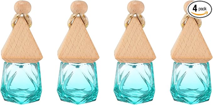 uxcell 4pcs Hanging Car Air Freshener Perfume Bottle, 8ml Pendant Empty Clear/Azure Glass Essential Oil Aromatherapy Diffuser with Wooden Cap for Car Decor (Clear/Azure, Rhombus)