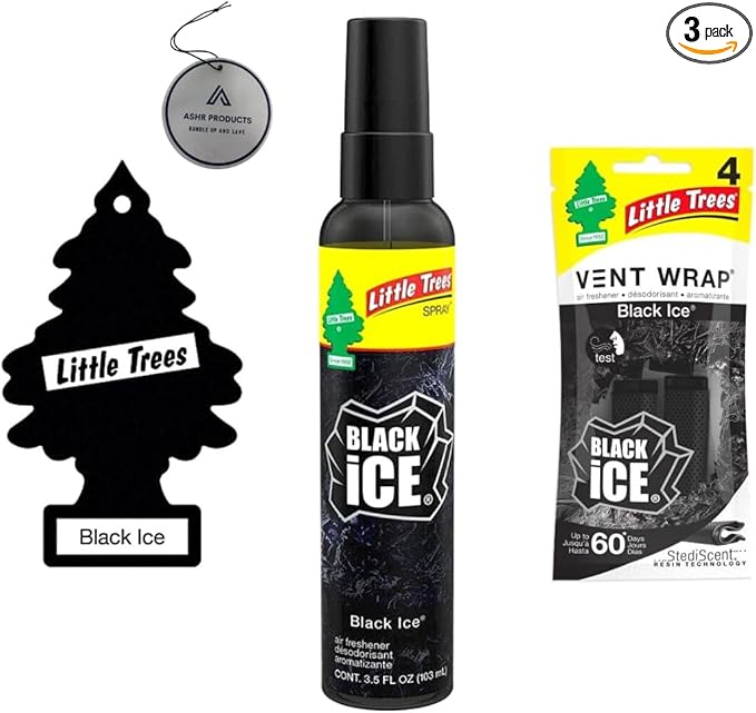 Little Trees Air Freshener | Vent Wrap pack of 4 | 1 Bottle Little Tree Spray | 6 Little tree Hanging Tree For Home, Trucks, RV, Van or car AHSR Products bundle + Bonus AHSR Air Freshener (Black Ice)