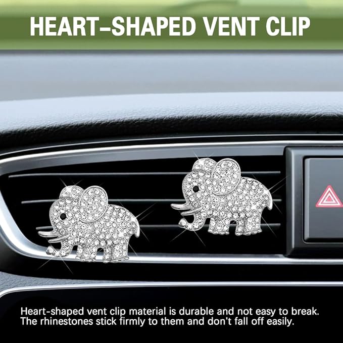 2PCS Car Air Vent Clip, Car Vent Accessories, Crystal Elephant Car Air Fresheners Vent Clips, Rhinestone Air Conditioning Outlet Clip Interior Decoration Universal for Women and Girls (Silver)