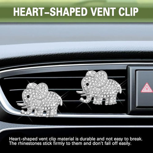 2PCS Car Air Vent Clip, Car Vent Accessories, Crystal Elephant Car Air Fresheners Vent Clips, Rhinestone Air Conditioning Outlet Clip Interior Decoration Universal for Women and Girls (Silver)