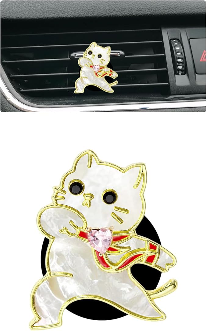 Cat Car Vent Clip,Cute Pink Heart Cat Car Air Freshener,1pc Kawaii kitty Car Decor,Pearl White Encourage Cat Interior Accessories for Women Girl,Refillable Diffuser