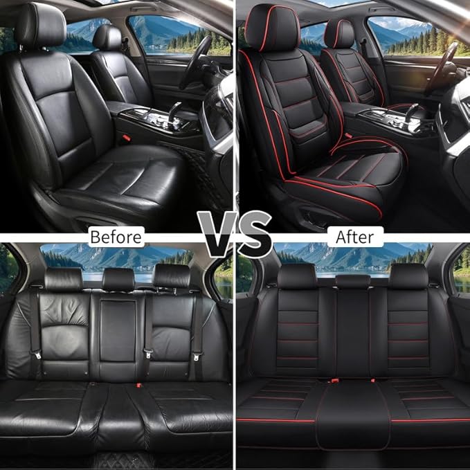 Car Seat Covers Full Set fit for Chevrolet/Chevy HHR 2006-2011 , Premium Faux Leather Waterproof Car Seat Protectors with Lumbar Support, Breathable Anti-Slip Auto Seat Covers(Black&Red,Full set)