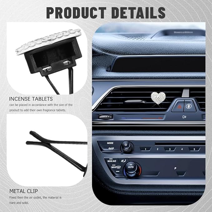 2PCS Bling Heart Air Vent Clips, Heart Shaped Crystal Air Freshener Vent Clips, Rhinestone Air Conditioning Outlet Clip, Universal Interior Decor Car Accessories for Women Girl (White)