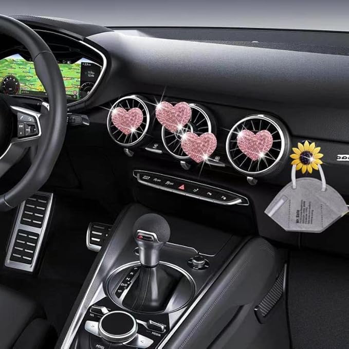 Bling Heart Air Vent Clips, Crystal Heart Car Air Fresheners Vent Clips Diffuser Vent Clip Rhinestone Car Decoration Interior Decor Cute Accessories for Women (Pink) + Sunflower Mask Hook
