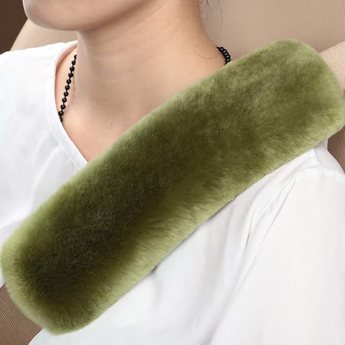 OGLAND 2 Pack Fluffy Car Seat Belt Cover Pad, Fuzzy Sheepskin Auto Should Seatbelt Pads for Women Adults Baby Kids Pet Neck Protector(Pea Green)