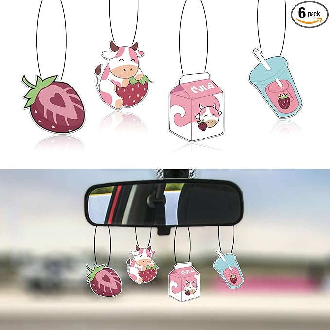 4 Pcs Bubble Tea Strawberry Milk Car Air Fresheners, Strawberry Funny Hanging Car Air Fresheners Cute Car Mirror Scented Hanging Car Decoration Ornaments Gift Car Interior Decor Accessories for Men Women