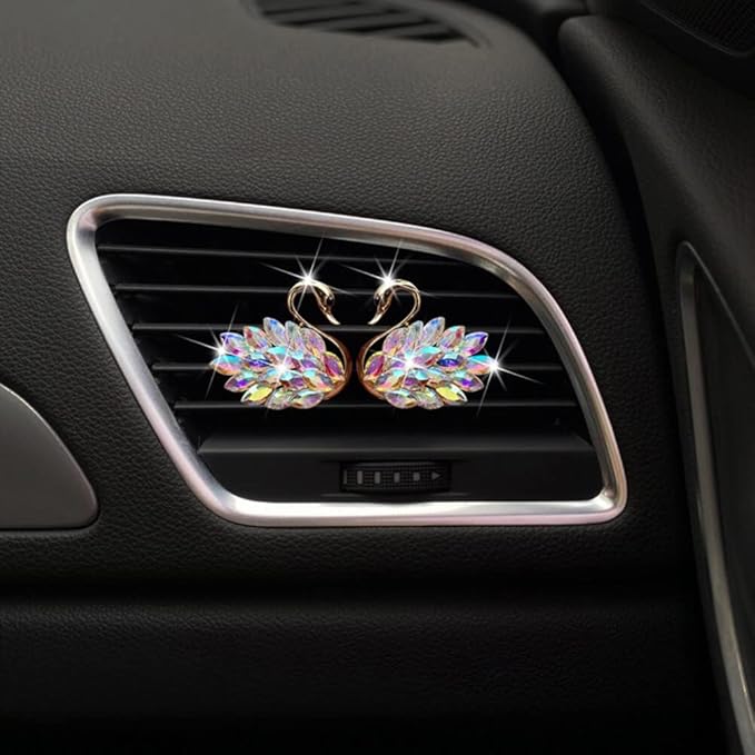 Katutude 2 Pcs Crystal Swan Car Air Vent Clips with Fragrance Tablets, Car Diffuser Air Freshener Vent Clips Air Conditioner Outlet Clip Charm Bling Car Interior Decoration, Colorful