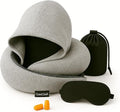 Travel Neck Pillow Hooded Memory Foam 360° Head & Chin Support, Lightweight Breathable Adjustable Fit Travel Neck Pillow with Eye Mask, Earplugs & Carry Bag for Airplanes, Car, Bus, Train & Long Trips