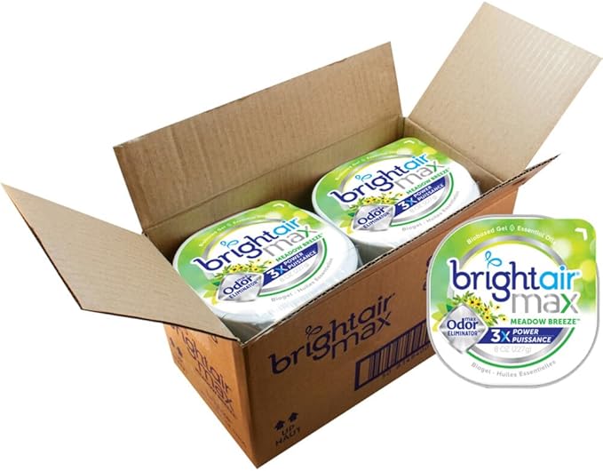 Bright Air Max Odor Eliminator Gel, For Medium-Size Spaces, Meadow Breeze Scent, 8 oz. Each, Case of 6, Advanced Odor Eliminator & Air Freshener, Natural Essential Oils, Lasts Up to 60 Days Each