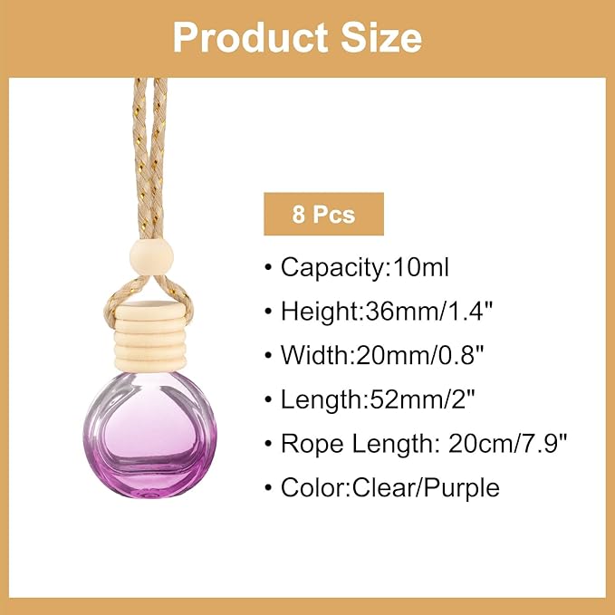 uxcell 8pcs Hanging Car Air Freshener Perfume Bottle, 10ml Pendant Empty Clear/Purple Glass Essential Oil Aromatherapy Diffuser with Wooden Cap for Car Decor (Clear/Purple, Round)