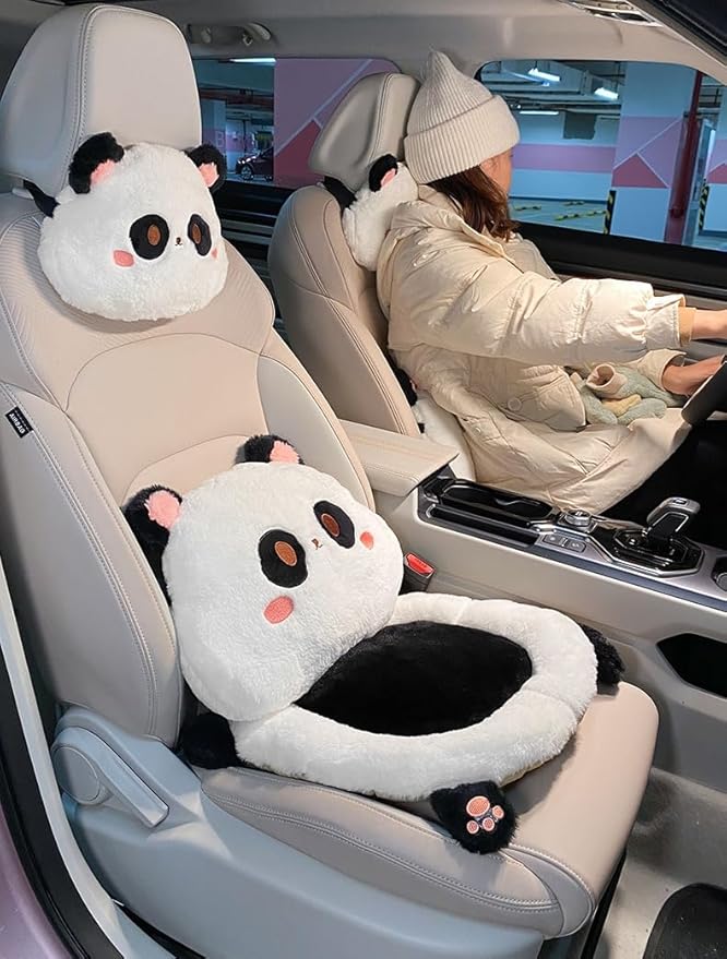 3Pcs Cartoon Car Seat Cushion Lumbar Support Pillow and Neck Pillow, Cute Car Seat Pillow Headrest Pillow Back Support for Driving Fatigue Relief,for Office Chair Truck SUV (Rabbit Sets)