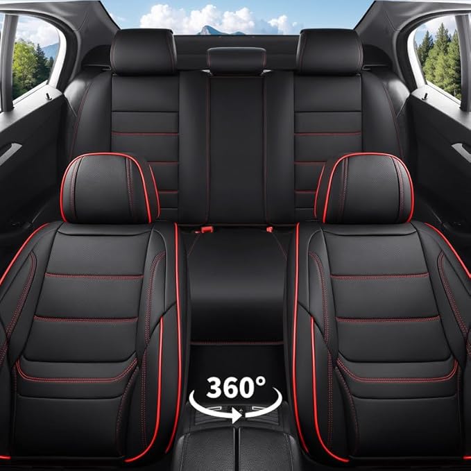 Car Seat Covers Full Set Custom Fit for Mercury Sable 1995-2009-Luxury Leather with Lumbar Support, Breathable, Waterproof, Anti-Slip, Durable, Easy to Install (Black&Red,Full Set)