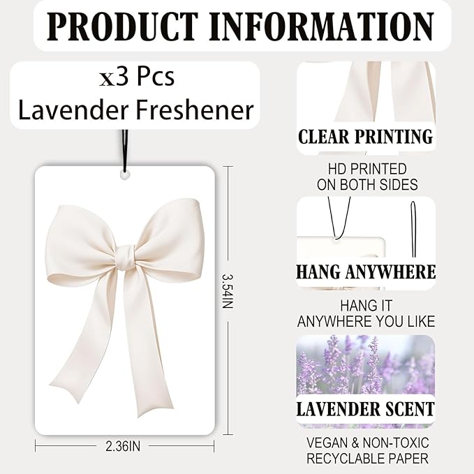 Pastel Coquette Bow Lavender Car Air Freshener 3 Pcs, Aesthetic Preppy Girly Ribbon Bow Air Freshener Hanging Decor for Cars Closet Drawer Books, Cute Accessories Gifts for Women Girls
