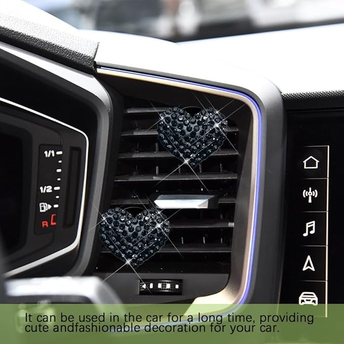 2PCS Bling Heart Air Vent Clips, Heart Car Accessories, Bling Heart Charm Air Conditioning Outlet Clip, Car Interior Decor Air Fresheners Vent Clips Universal Fit for Women and Girls (Black)