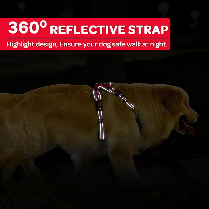 FURRYFECTION Plaid Dog Harness for Large Dogs, Reflective No Pull Adjustable Pet Vest with Front Clip, Leash, Easy Control Handle and Seat Belt, Red, XL