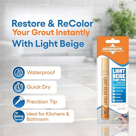 Grout Paint Pen Light Beige — Grout Colorant & Sealer Marker, Restores & Repairs Grout Lines, Quick-Dry, Bathroom Kitchen Shower Floor Tiles | Groutastic