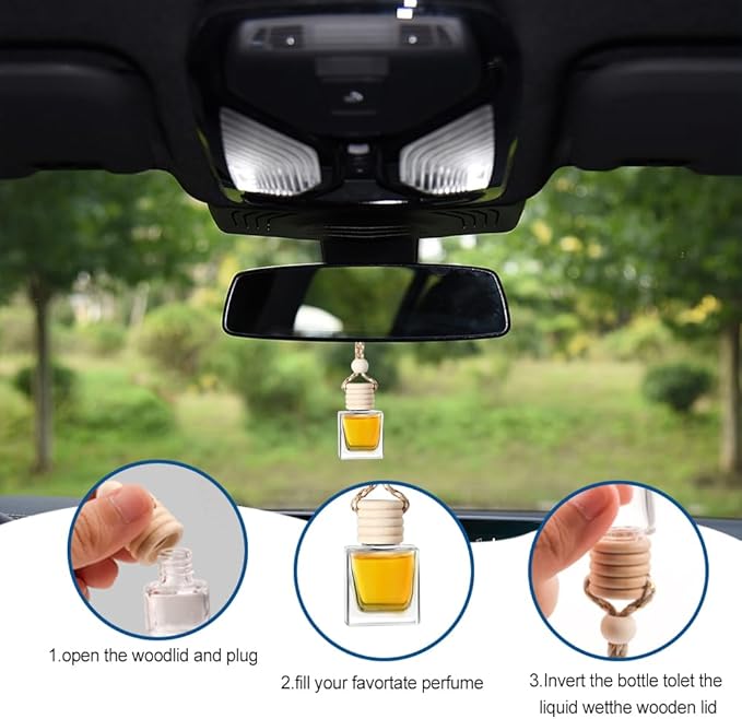 ASUBHA 20 PCS 8ml Hanging Car Air Freshener Diffuser,Empty Clear Glass Essential Diffuser Oil Aromatherapy Fragrance Perfume Pendant Glass Vials with Wooden Caps & Hanging String, Cylindrical