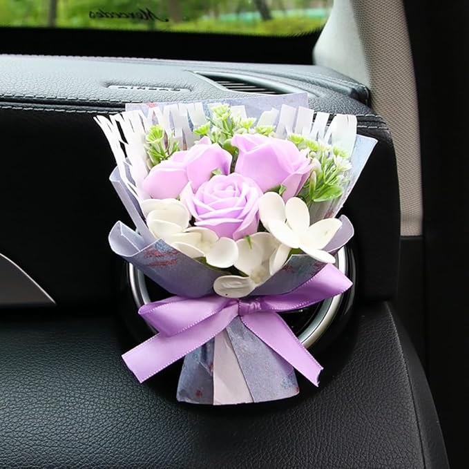 Mini Car Vent Clip Air Freshener, Aesthetic Floral Soap Rose Bouquet Diffuser Decor, Reusable Essential Oil Aroma Pad, Cute Car Accessories Gift for Women (Style D)
