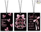 Lacama Christian Car Air Freshener 3Pcs，Coquette Pink and Black Bow Christian Bible Verse Cars Scents Air Freshener for Women Girls Gifts, Religious Car Accessories Interior Mirror Decor Hanging