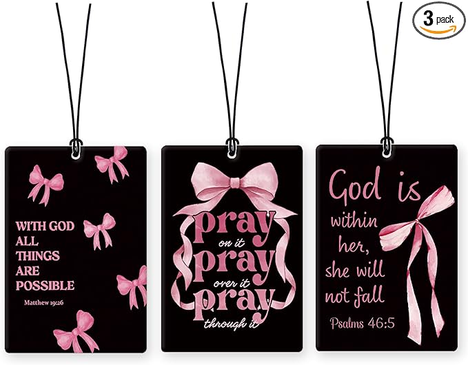 Lacama Christian Car Air Freshener 3Pcs，Coquette Pink and Black Bow Christian Bible Verse Cars Scents Air Freshener for Women Girls Gifts, Religious Car Accessories Interior Mirror Decor Hanging