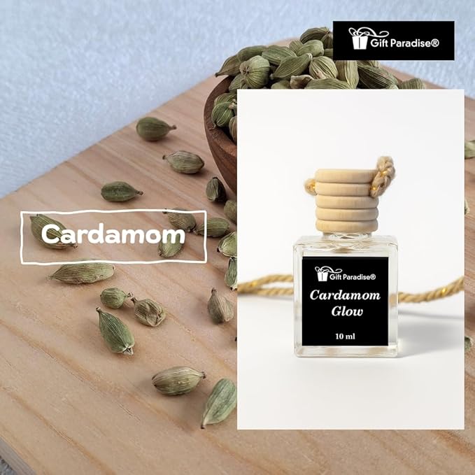 Gift Paradise® Cardamom Glow Hanging Car Air Freshener Set of 3 (10 ml Each) – Long-Lasting Fragrance Oil Diffuser for Car, Home & Office | Velvet Gift Bag Included | Holiday Gift Set