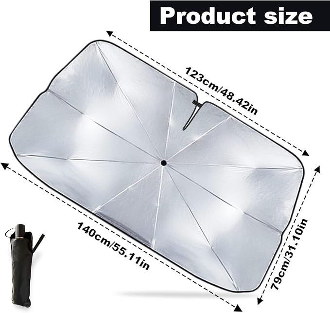 Car Windshield Sun Shade Umbrella, Reflective Sunshade for Front Window Blocks UV Rays Heat Keep Vehicle Cool, Foldable Shade Front Windshield Car Accessories Interior (55x31 Inches)